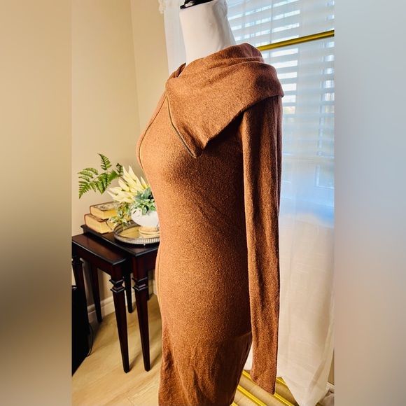 NWT Bodycon Dress Asymmetric Zip Up Design Collar Sz M Camel Color - Picture 5 of 13